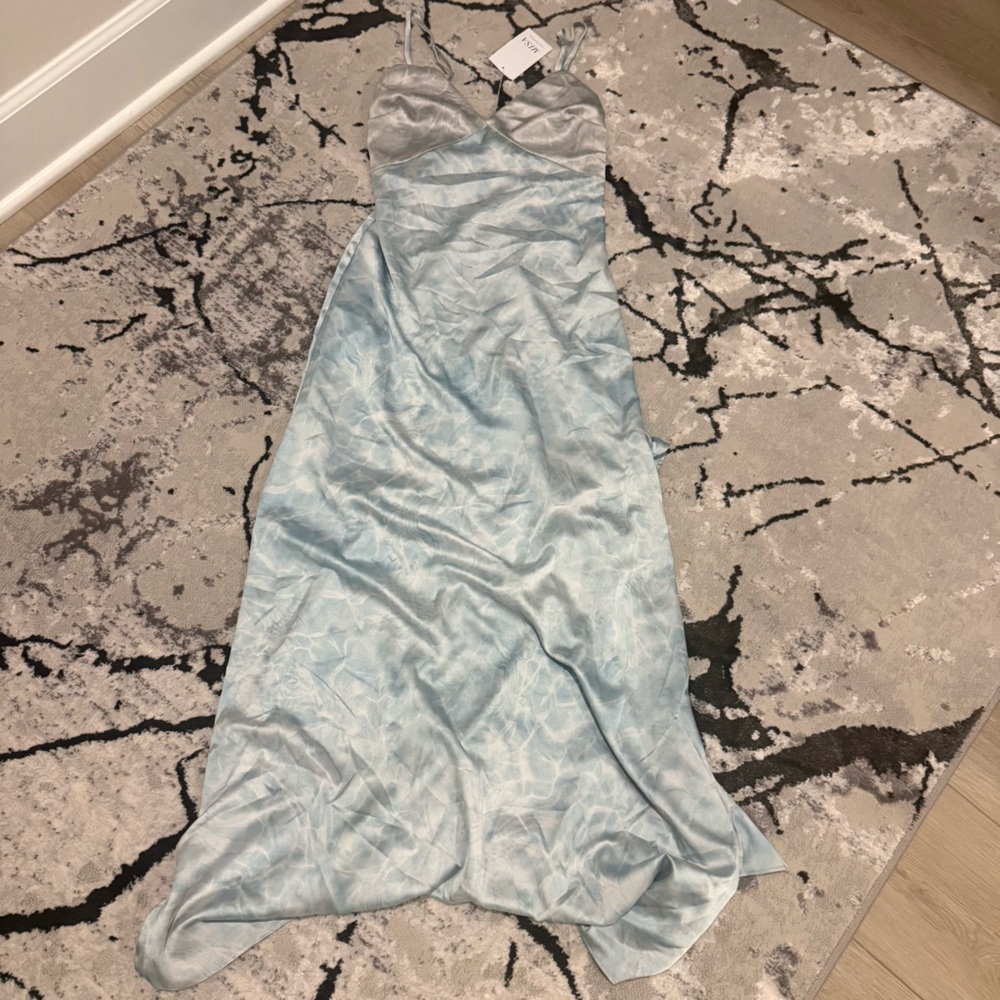 New Misa Los Angeles Light Blue Satin Dress Waterprint XS Small $430